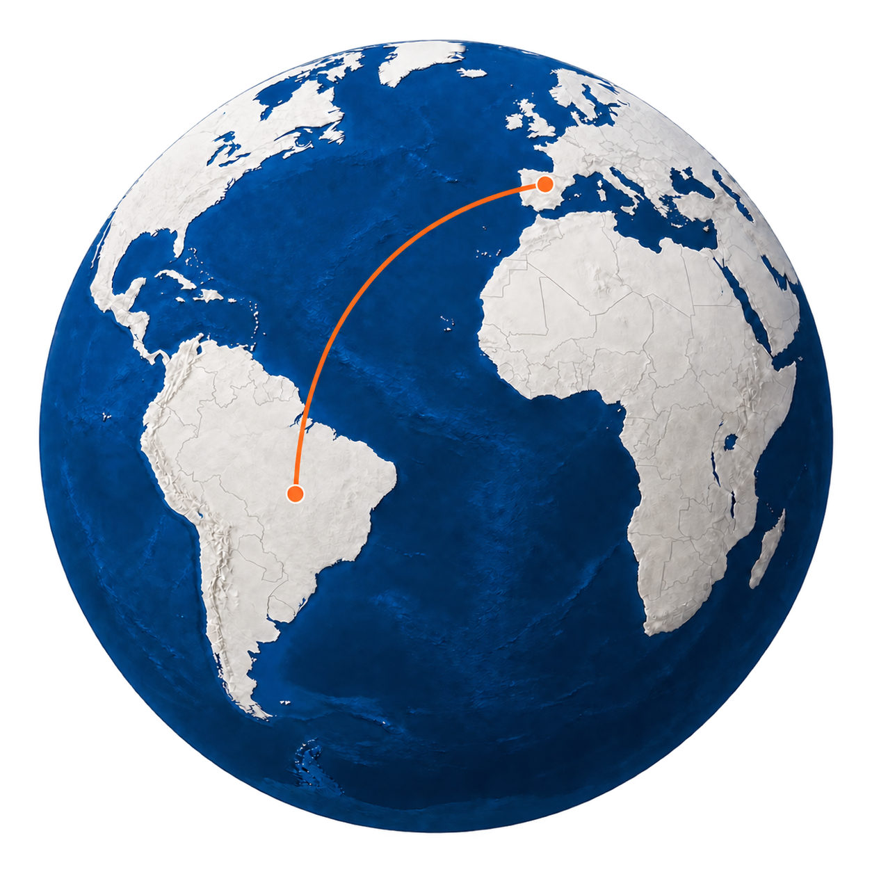 A matte cobalt-blue and white globe with one orange arc connecting central Spain and inland South America